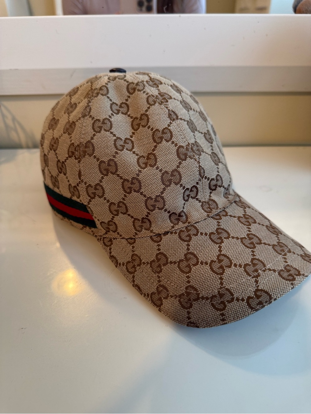 Gucci Beige and Brown GG Monogram Cap with Leather Strap